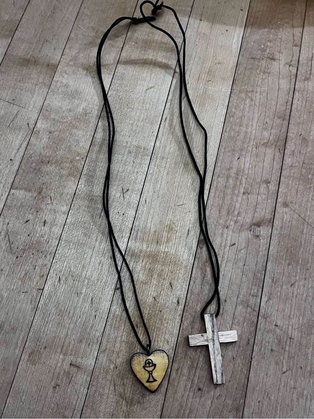 Wooden Cross and Heart Religious Pendants Necklace Set in Black and Tan